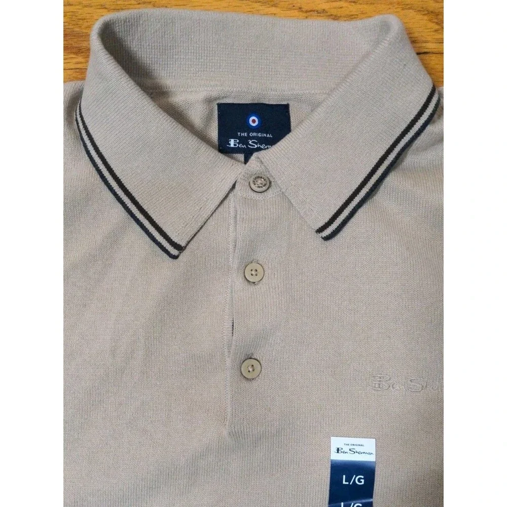 New Ben Sherman L/S Jersey Stitch Polo Shirt Spice Tan Mens Size L Recycled NWT - Picture 5 of 10